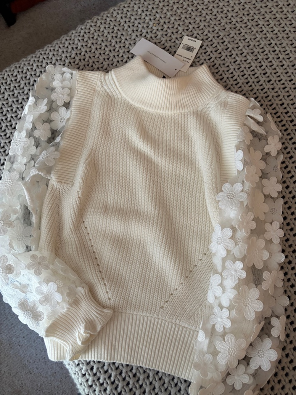 French Connection Cream Floral Lace-Sleeve Mock Neck Sweater